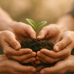 Zarte Pflanze in sch&uuml;tzenden H&auml;nden