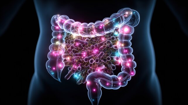 Visualization of the Human Digestive System Showcasing Gut Microbiome Interaction and Health Dynamics