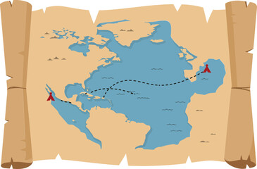 Naklejka premium Pirate treasure map with marked locations and routes on aged parchment vector illustration