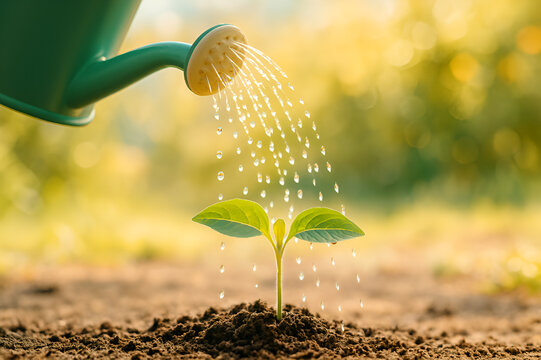 Kind gie&szlig;t jungen Pflanzentrieb