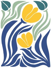 Obraz premium Elegant retro 70s floral pattern with yellow tulips and dark blue wavy botanical lines