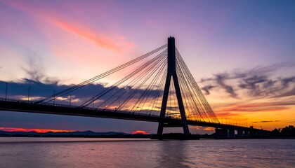 Obraz premium Silhouette of a cable-stayed bridge at sunset over a river.