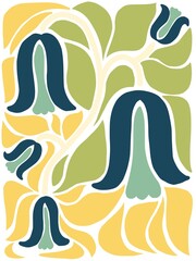 Naklejka premium Tulip abstract floral pattern with navy blue and green bell-shaped flowers, set on a light yellow background.