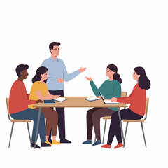 Diverse professional team collaborating in a business meeting, actively discussing ideas around a table, illustrating teamwork and effective communication.