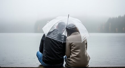 A couple sits under a clear umbrella by a misty lake on a rainy day.