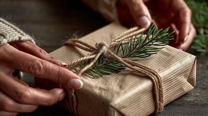 Wrapped gift box with hands tying twine and greenery on table  