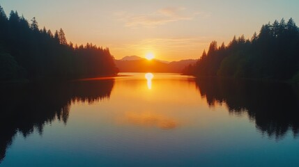 Sunrise sunset lake water reflection mountain forest tree nature landscape sky orange calm peace serene tranquility morning evening dawn dusk