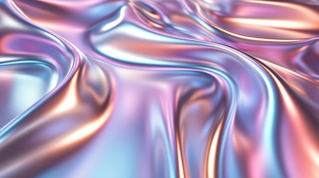 Abstract background metallic iridescent holographic liquid fluid flow wave surface texture metal silk reflection shine color gradient blue orange pink