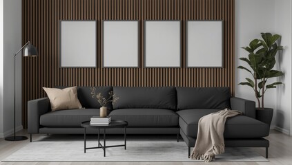 Modern living room with dark gray sectional sofa vertical wood paneled wall and four blank frames for art