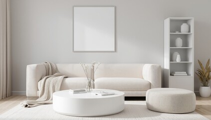 Serene living room with a plush sofa textured throw round coffee table and a tall shelving unit showcasing decorative items