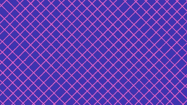 Animated seamless loop texture video featuring a hand-drawn pink diamond grid pattern on a vibrant blue background. Abstract motion graphic with a rough, crayon-like texture for use in videos.