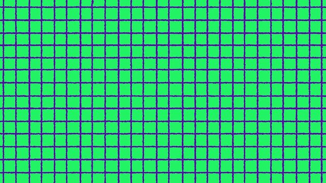 Animated video texture of a hand-drawn grid pattern with rough purple lines over a vibrant green background. Seamless loop background for creative projects, presentations, and abstract visual content.