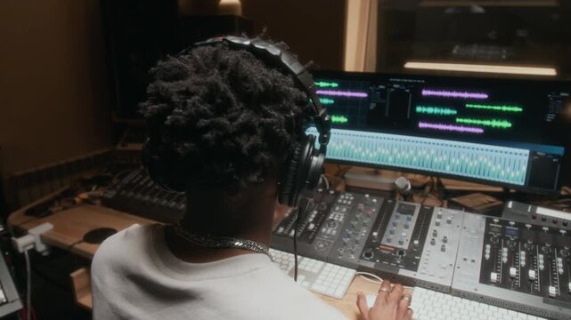 Back view shot shot of African American man as music producer putting on headphones while sitting at mixing console in recording studio and editing tracks on screen