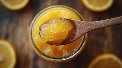 Close Up of Orange Marmalade in Glass Jar with Wooden Spoon and Orange Slices on Wooden Background