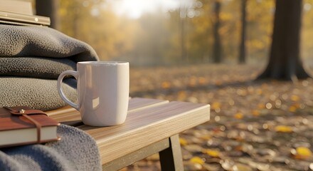 Serene Autumn Bench Scene: Coffee Mug, Blanket, and Journal in Sunlight