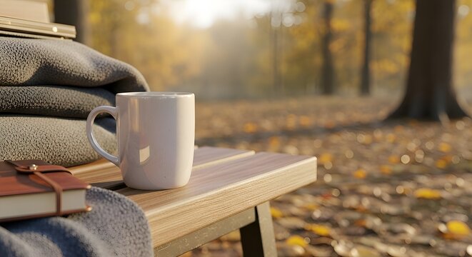 Serene Autumn Bench Scene: Coffee Mug, Blanket, and Journal in Sunlight