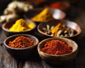 Fototapeta premium Assortment of Colorful Indian Spices in Metal Bowls