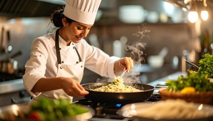 Skilled Female Chef Expertly Cooking a Delicious Meal in a Professional Kitchen Setting