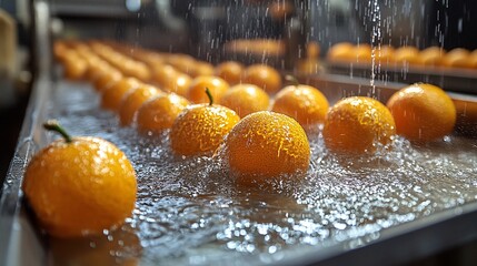 Closeup Of Ripe Citrus Fruits Being Washed On A Conveyor Belt In A Food Processing Plant
