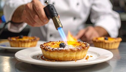 Professional pastry chef meticulously caramelizing a gourmet fruit tart with a culinary blowtorch, showcasing skilled dessert finishing.