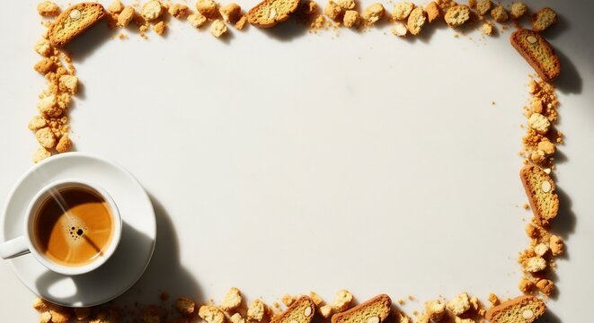 Stylish biscotti frame with coffee, ideal for cafes, bakeries, or Italian-themed promotions. Evokes warmth and rustic charm, perfect for culinary blogs or cafe menus.