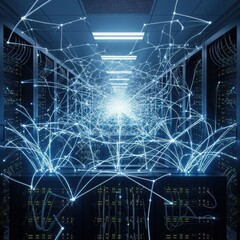 Obraz premium Data center conceptual with server racks connected by data streams visualization