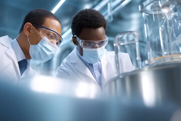 Two pharmaceutical engineers wearing lab coats, safety glasses and masks working inside laboratory