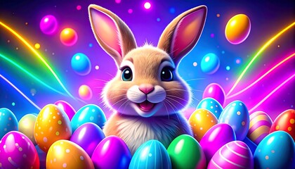 Playful bunny surrounded by colorful eggs.