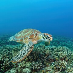 Obraz premium Majestic sea turtle gracefully gliding over vibrant coral reef ecosystem