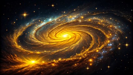 Golden spiral galaxy with glowing stars and cosmic dust in deep space, stunning astronomy background for science and universe concepts
