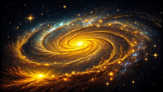 Golden spiral galaxy with glowing stars and cosmic dust in deep space, stunning astronomy background for science and universe concepts