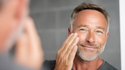 Obraz premium Man Applying Skincare Product While Smiling in Modern Bathroom Mirror During Morning Routine