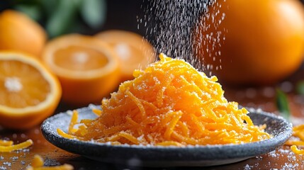 Vibrant Orange Zest With Powdered Sugar On Dark Backgrounds and close up view of citrus zest and other ingredients. ,tasty food with bright colors. delicious culinary item.  it's a good choice for