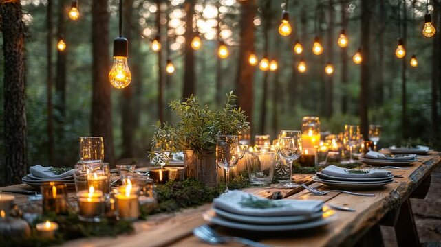 Enchanting Dinner Party Under Forest String Lights
