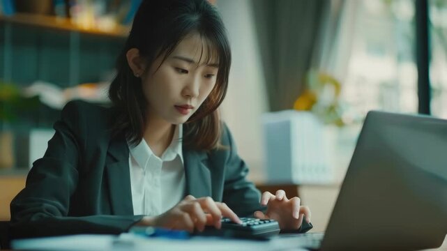 Businesswoman focused on her laptop, possibly preparing for a presentation or reviewing spreadsheets.