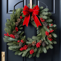 A festive wreath hanging on a front door, embellished with red berries, pine cones, and a velvet bow.