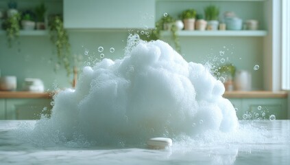 Fluffy white soap suds explode on a marble countertop, with a small tablet in the center.  Soft green kitchen in background