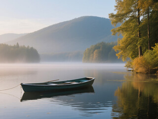 A small wooden boat floating peacefully on a misty lake with forest and mountains in the background. The calm water reflects the trees and morning light, creating a serene and tranquil atmosphere