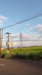 Rural Landscape with Power Lines and Green Fields Under Blue Sky