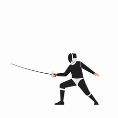 Flat Vector Illustration of a Fencer in Black and White Uniform with Mask and Sword, Isolated on a White Background in an Action Pose.