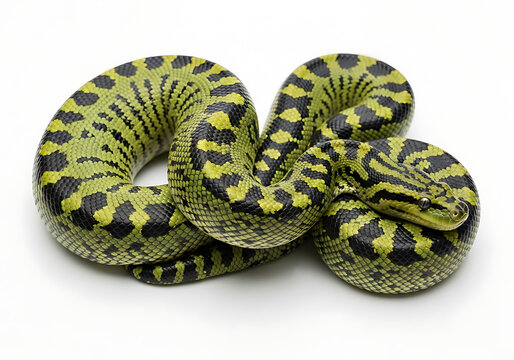 A coiled green tree python with black markings on a white background in a studio shot setting