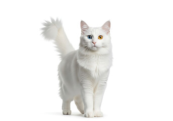 A white turkish angora cat with heterochromia standing on a white background looking at the camera