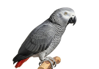 Obraz premium A close up of an african grey parrot perched on a wooden branch against a white background looking right