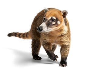 Fototapeta premium A close up of a coati walking on a white background with its tail extended and looking to the left