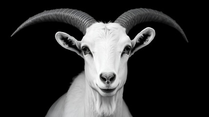 Portrait of a white goat with curved horns against a dark background, in a dramatic black and white style.