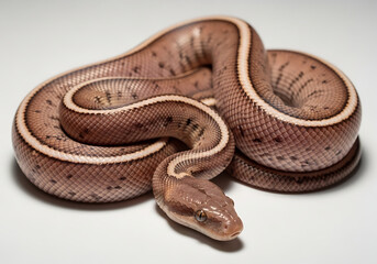 A coiled snake with light brown and white stripes on a white background in a studio shot
