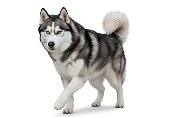 A husky dog with gray and white fur and piercing blue eyes walking on a white background in the studio