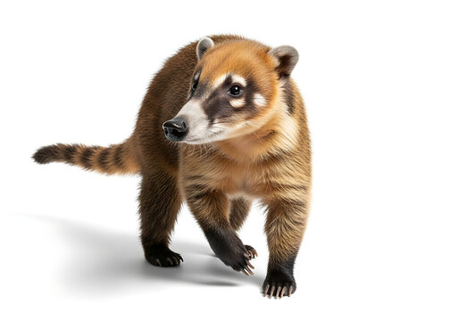 A close up of a coati walking on a white background with its tail extended and looking to the left