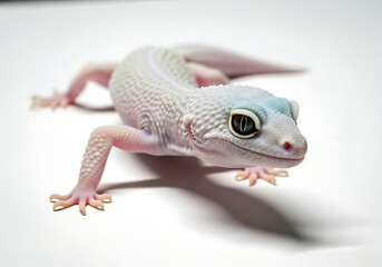 Obraz premium Close up shot of a leucistic leopard gecko with black eyes and pink feet on a white background surface