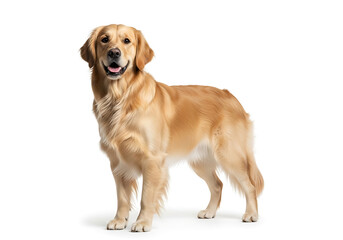 A golden retriever dog standing on a white background looking at the camera with a happy expression